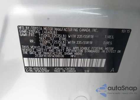 2015 Toyota Rav4 Limited z USA, uszkodzony, nr VIN 2T3DFREV6FW398036